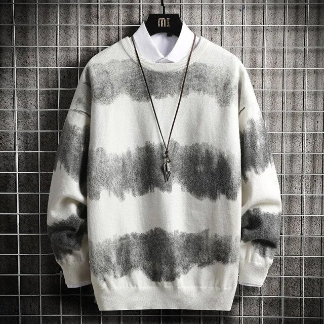 Wiaofellas   Oversized Mens Knitted Sweater Striped Gradient Sweaters Jumper Pullover Hip Hop Harajuku Black Sweater Men