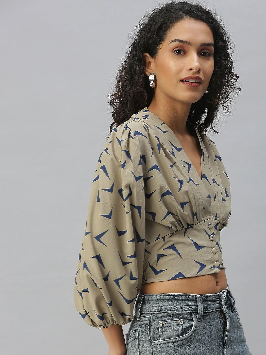 Women's Beige Printed Crop Tops