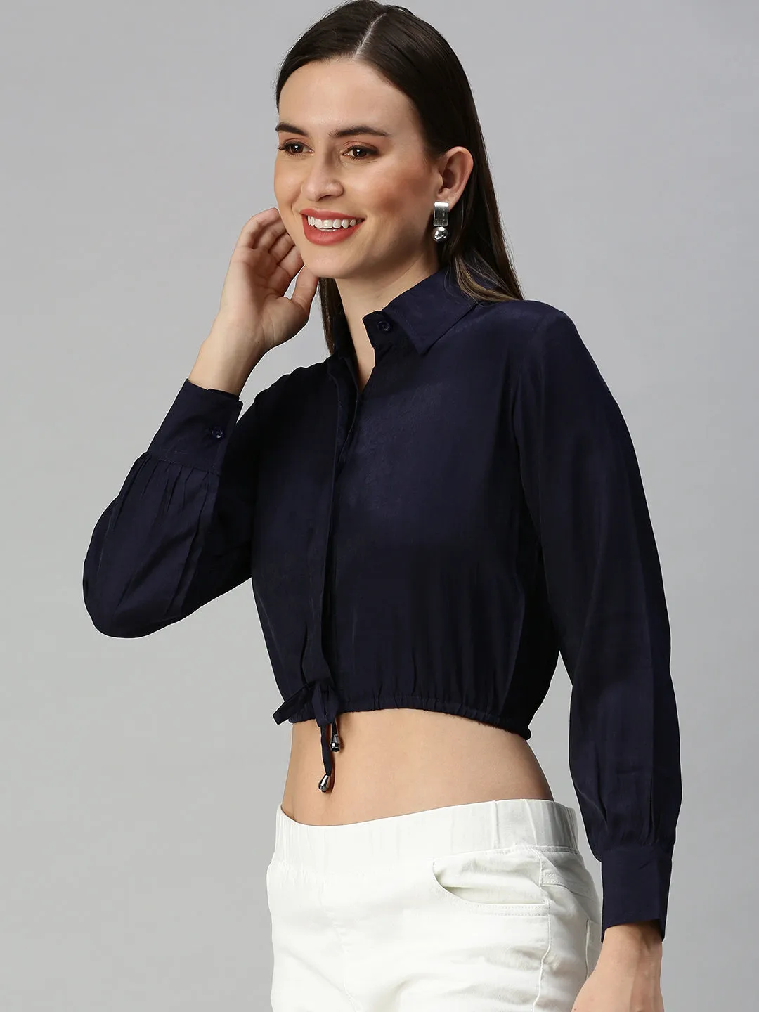 Women's Blue Solid Crop Tops