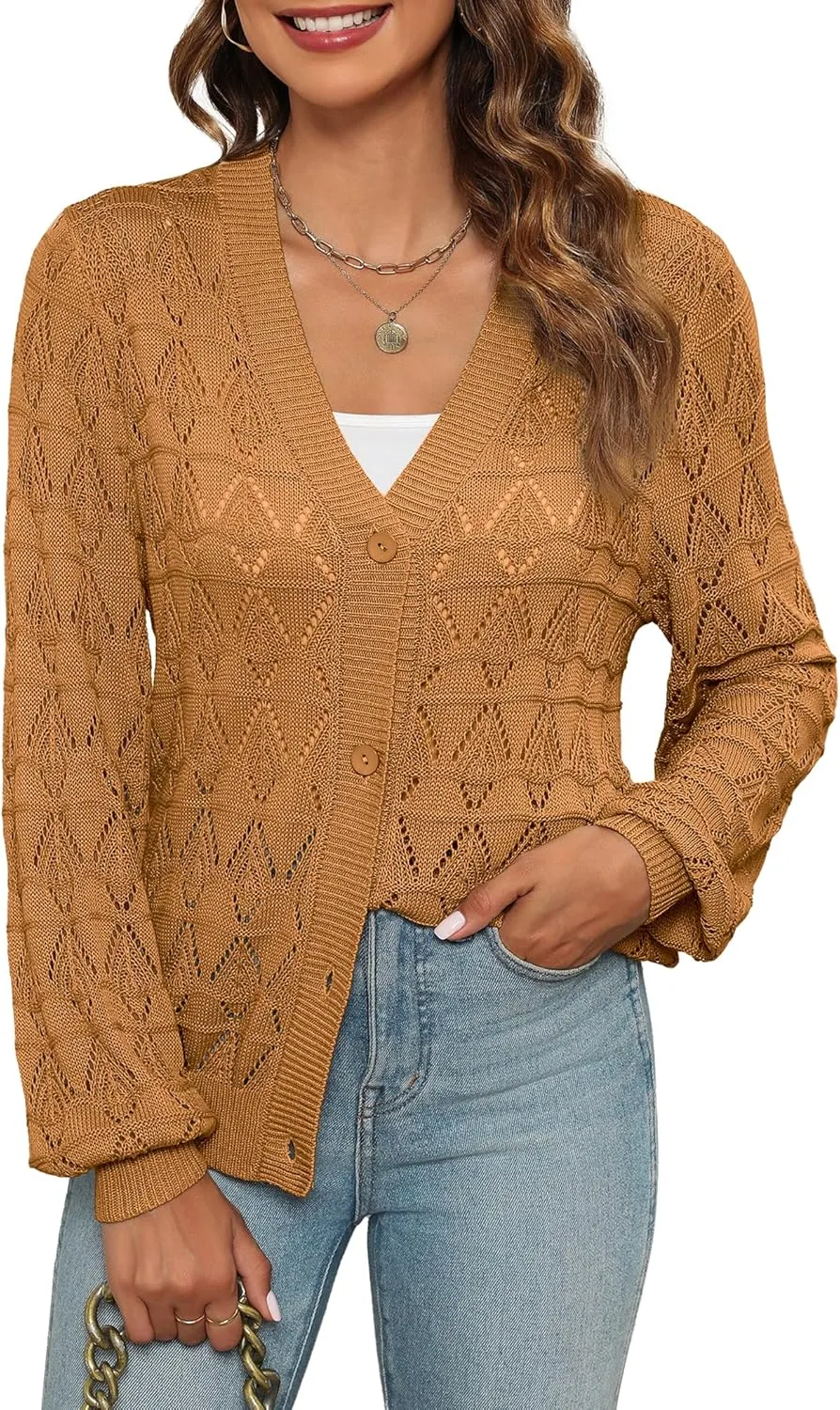 Zeagoo Women's Lightweight Crochet Cropped Cardigan 2024 V Neck Long Sleeve Button up Bolero Shrug Sweater