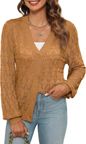 Zeagoo Women's Lightweight Crochet Cropped Cardigan 2024 V Neck Long Sleeve Button up Bolero Shrug Sweater