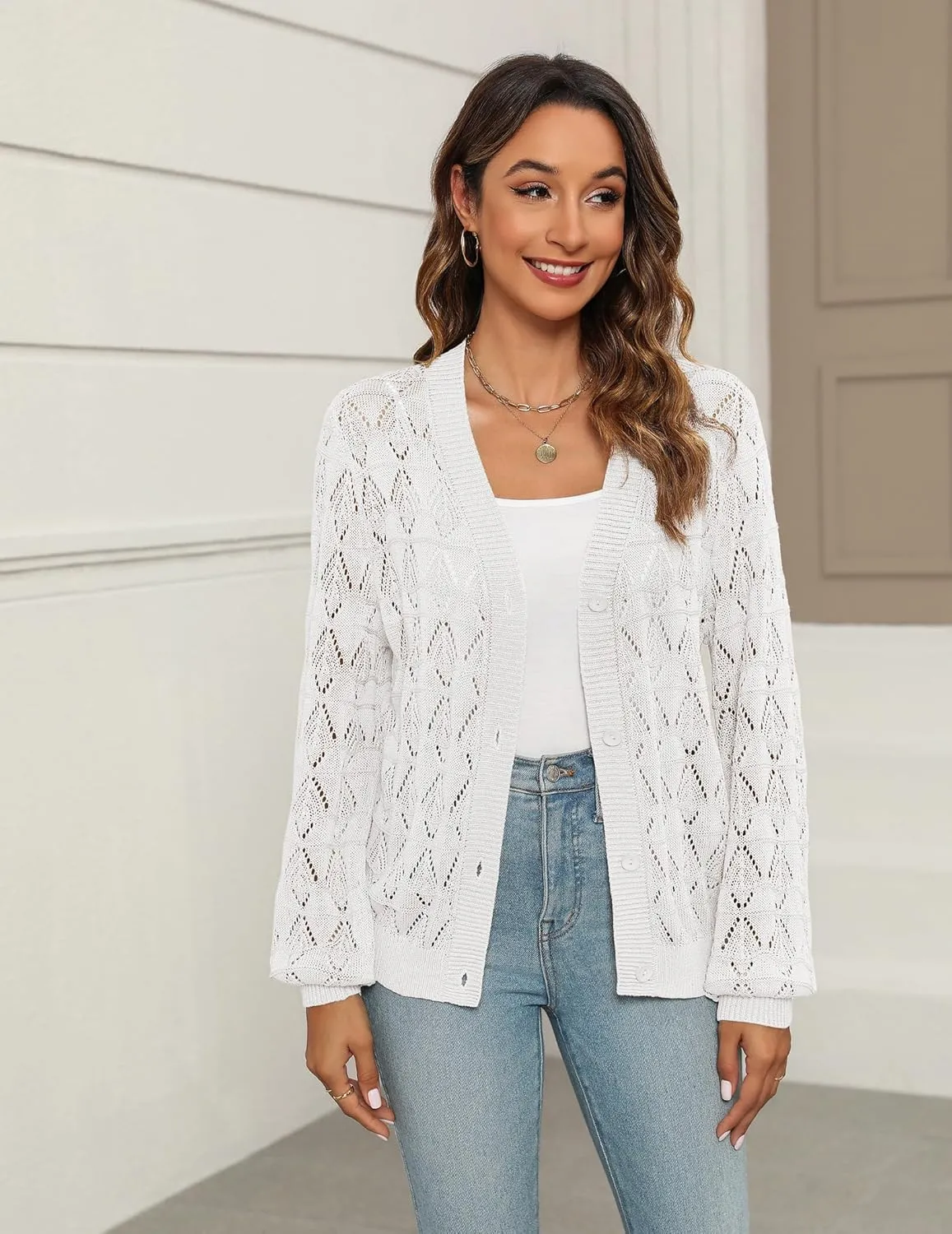 Zeagoo Women's Lightweight Crochet Cropped Cardigan 2024 V Neck Long Sleeve Button up Bolero Shrug Sweater