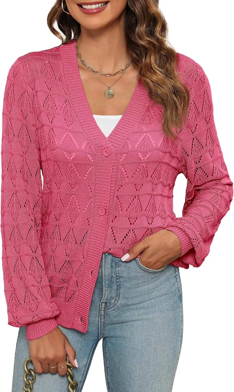 Zeagoo Women's Lightweight Crochet Cropped Cardigan 2024 V Neck Long Sleeve Button up Bolero Shrug Sweater