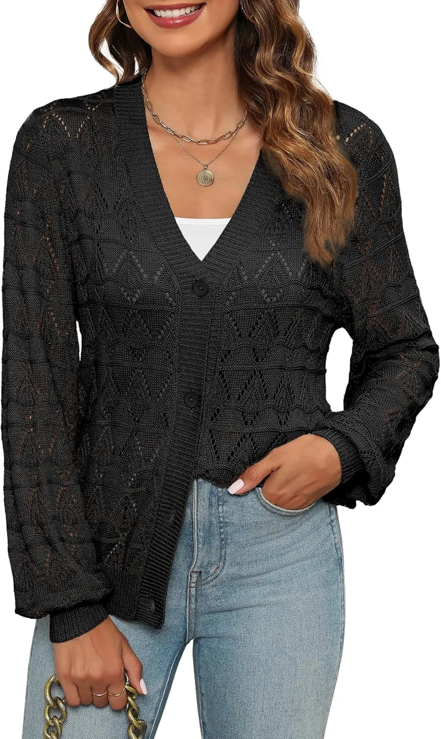 Zeagoo Women's Lightweight Crochet Cropped Cardigan 2024 V Neck Long Sleeve Button up Bolero Shrug Sweater