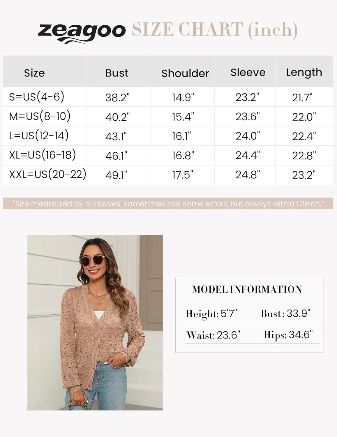 Zeagoo Women's Lightweight Crochet Cropped Cardigan 2024 V Neck Long Sleeve Button up Bolero Shrug Sweater