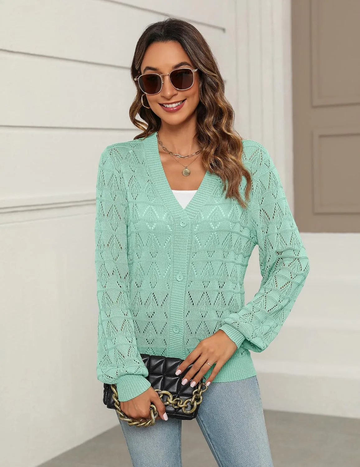 Zeagoo Women's Lightweight Crochet Cropped Cardigan 2024 V Neck Long Sleeve Button up Bolero Shrug Sweater