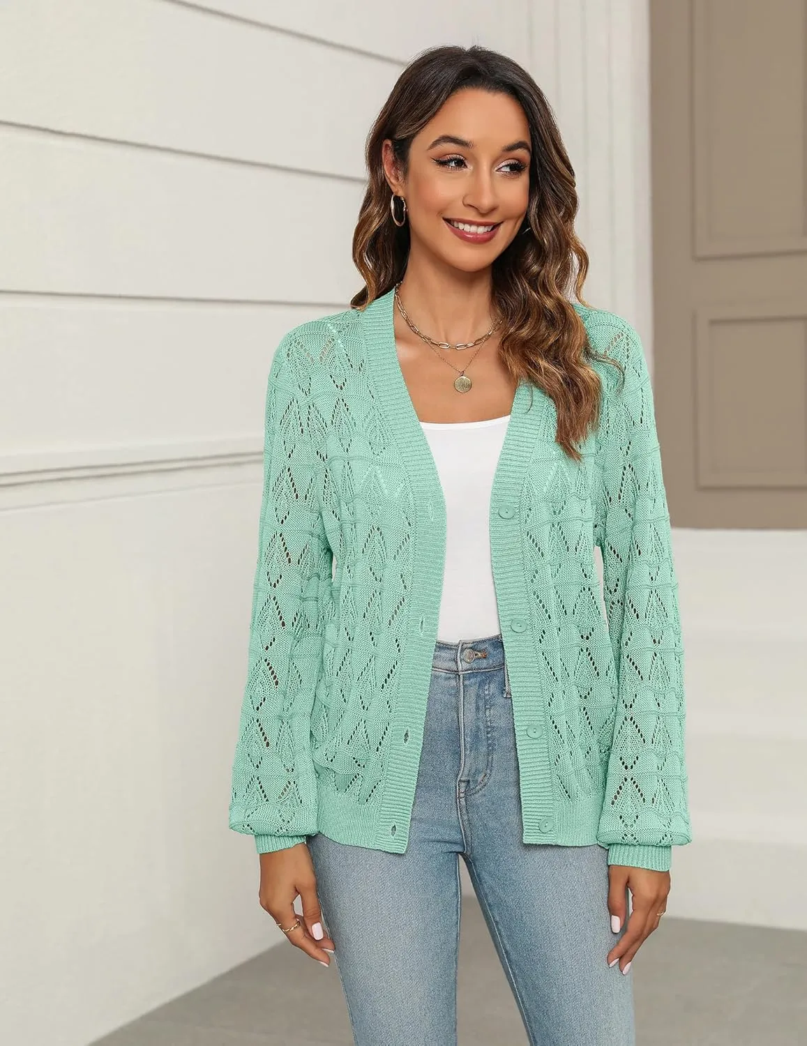 Zeagoo Women's Lightweight Crochet Cropped Cardigan 2024 V Neck Long Sleeve Button up Bolero Shrug Sweater