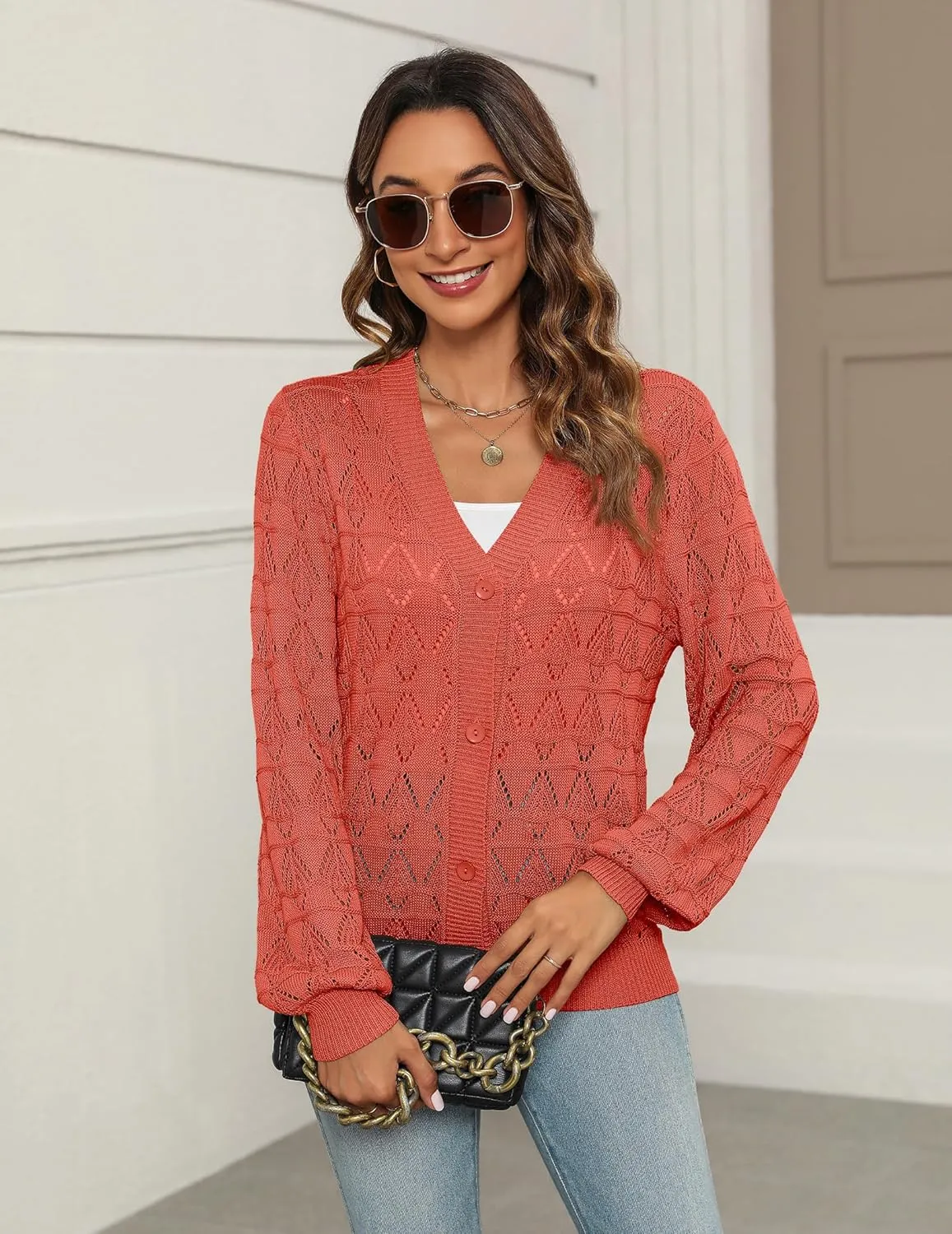 Zeagoo Women's Lightweight Crochet Cropped Cardigan 2024 V Neck Long Sleeve Button up Bolero Shrug Sweater