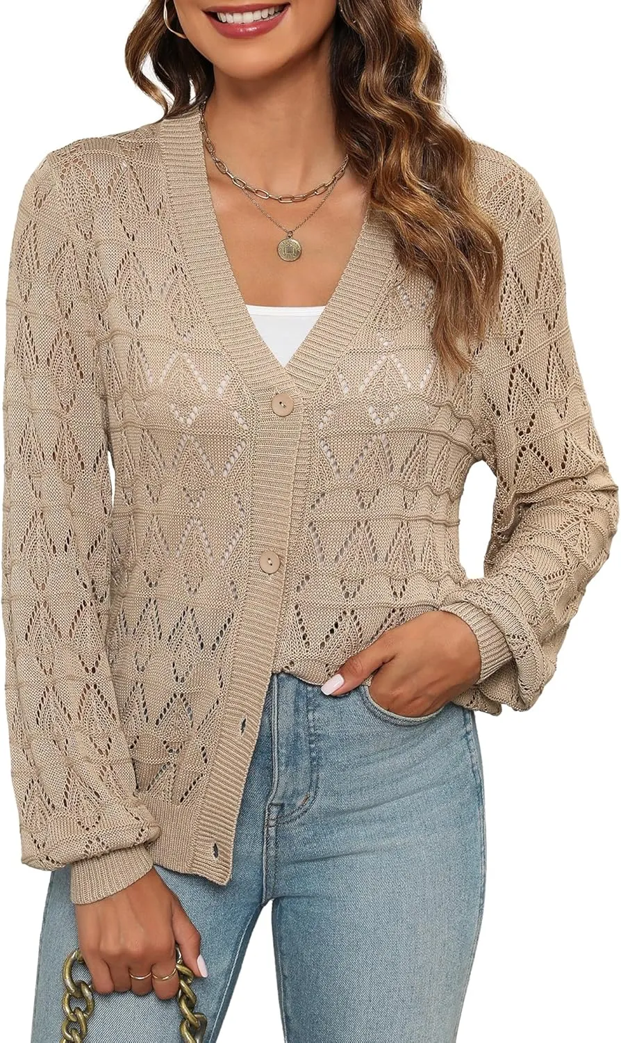 Zeagoo Women's Lightweight Crochet Cropped Cardigan 2024 V Neck Long Sleeve Button up Bolero Shrug Sweater