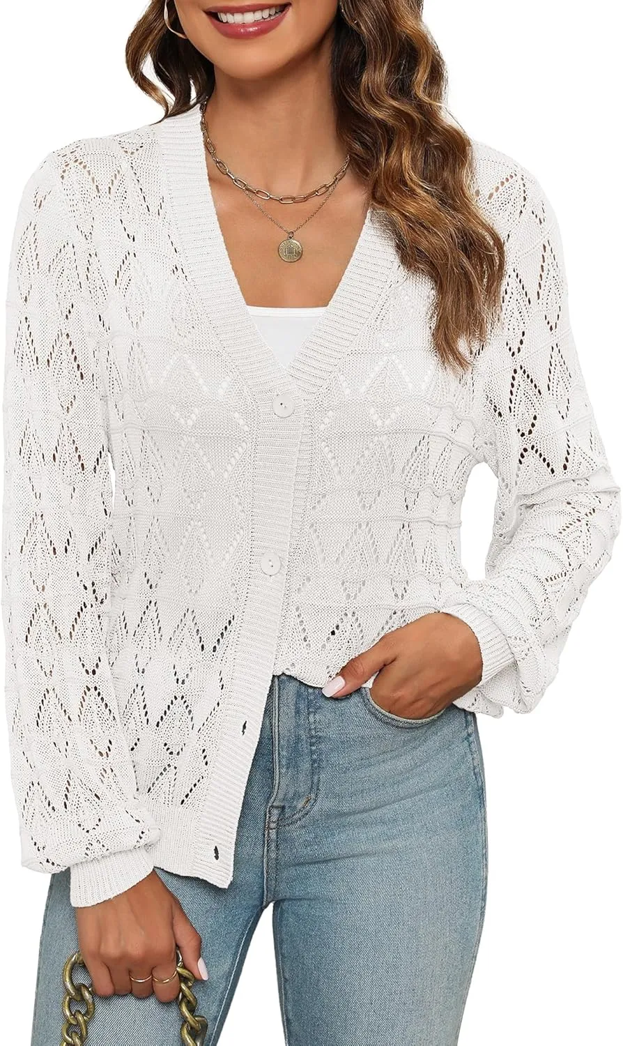 Zeagoo Women's Lightweight Crochet Cropped Cardigan 2024 V Neck Long Sleeve Button up Bolero Shrug Sweater