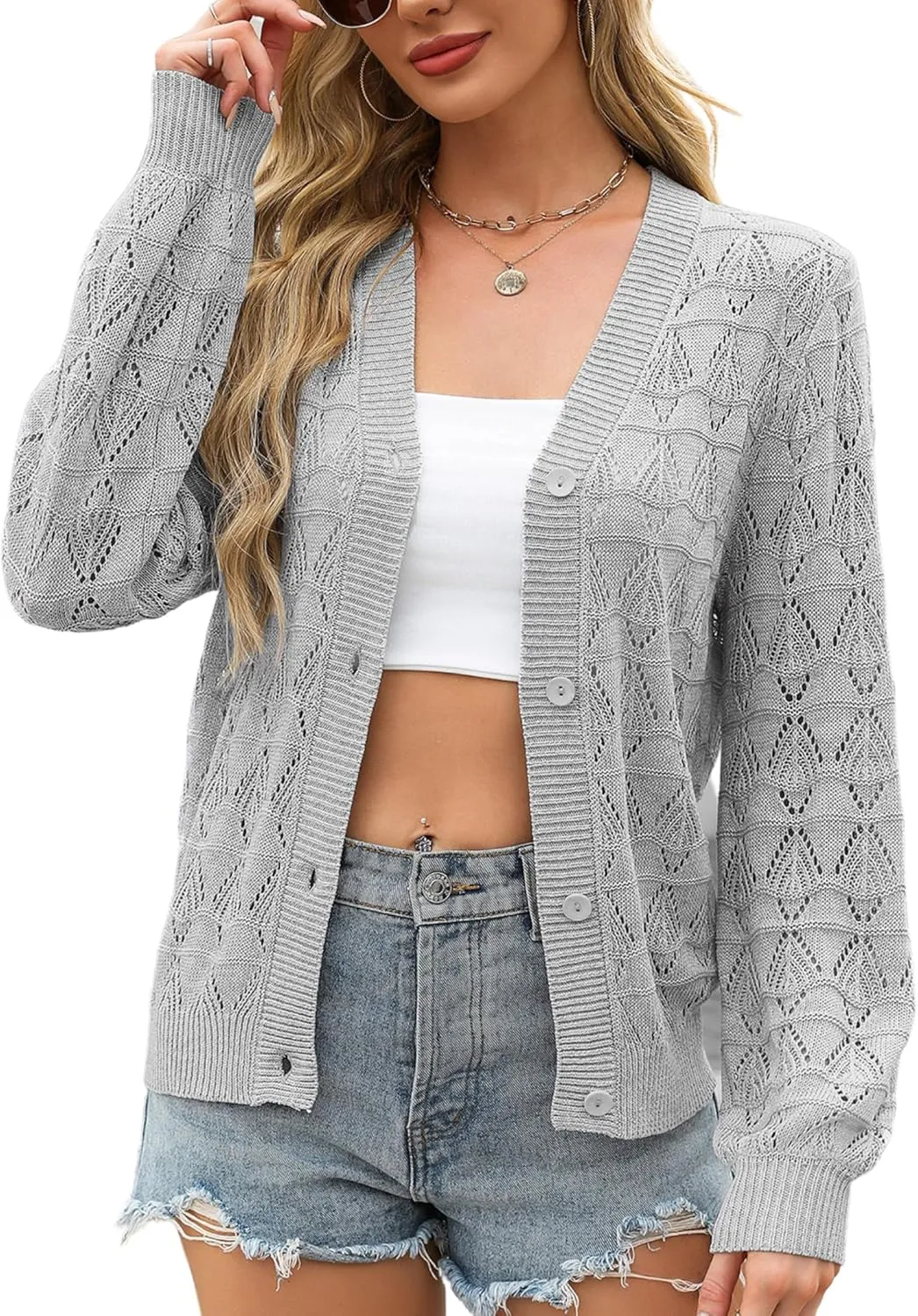 Zeagoo Women's Lightweight Crochet Cropped Cardigan 2024 V Neck Long Sleeve Button up Bolero Shrug Sweater