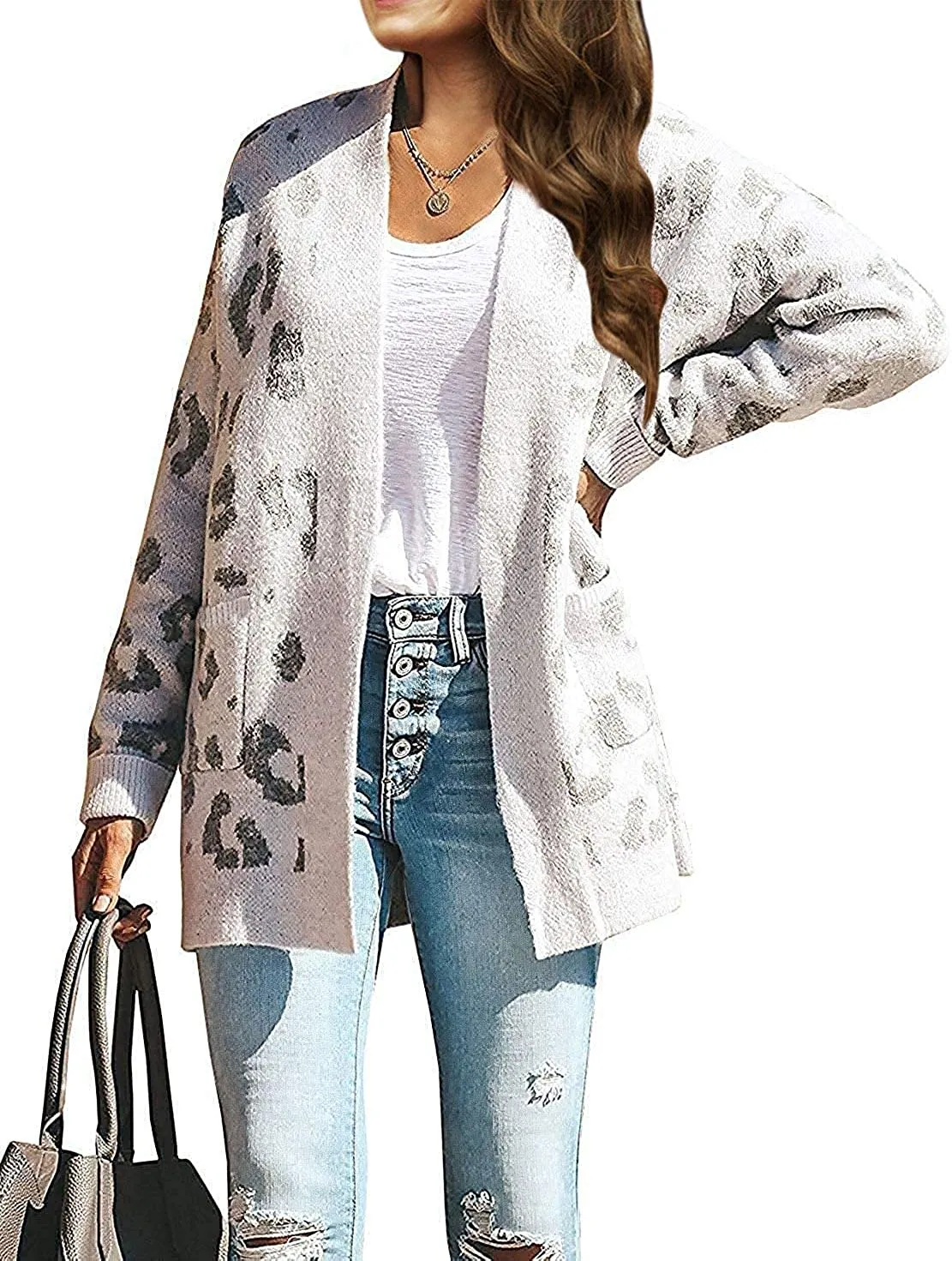 ZESICA Leopard Print Knitted Sweater Cardigan